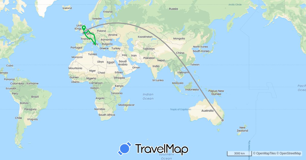 TravelMap itinerary: driving, bus, plane, train, boat in Australia, Belgium, Switzerland, Germany, France, United Kingdom, Italy, Netherlands (Europe, Oceania)